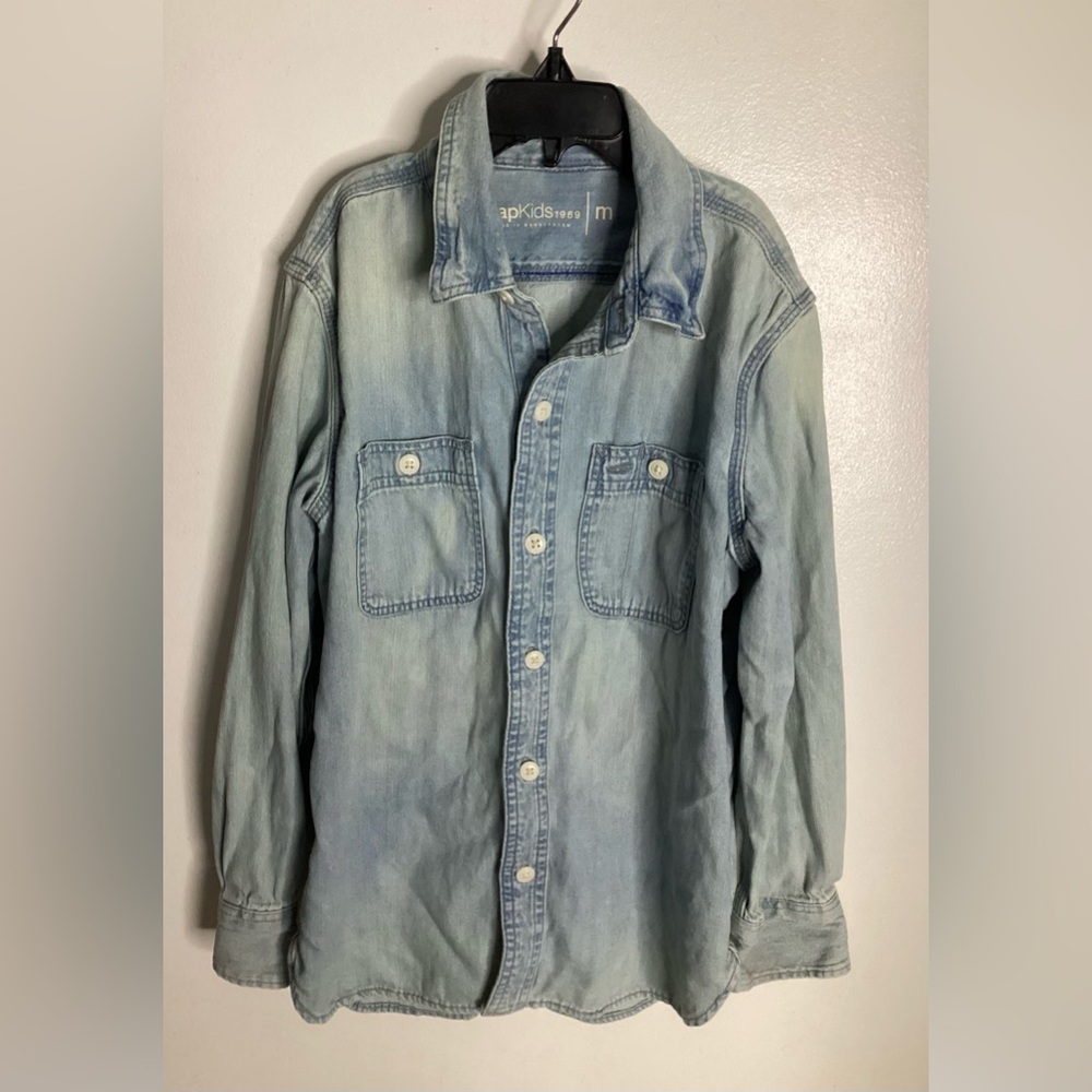 GAP Light Blue Button-Up Distressed Cotton Denim Shirt M